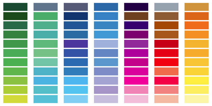 Colorful color palette swatches chart set with various gradient shades vector illustration isolated on white background.