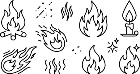 Fire flame line icons set featuring bonfire campfire candle fireball comet heat waves sparks and burning effect elements © MdShakib