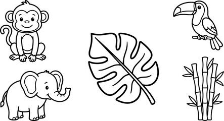 Obraz premium Cute Cartoon Lion and Safari Elements Coloring Page Set Featuring Tree Sun Crown Paw Print Grass and Bone Vector Line Art