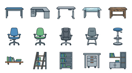 Corporate Office Furniture Set Colorful Desks Chairs Bookshelves and Storage Units for Modern Workspace Design © Ahmat prasojo
