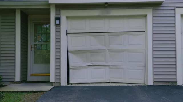 Damaged residential garage door with bent panels after vehicle impact accident. Exterior home damage illustrating repair, insurance, maintenance, and property restoration.