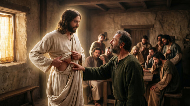 Thomas the Apostle reaching out his hand to touch the glowing wounds of the resurrected Jesus to cure his doubt