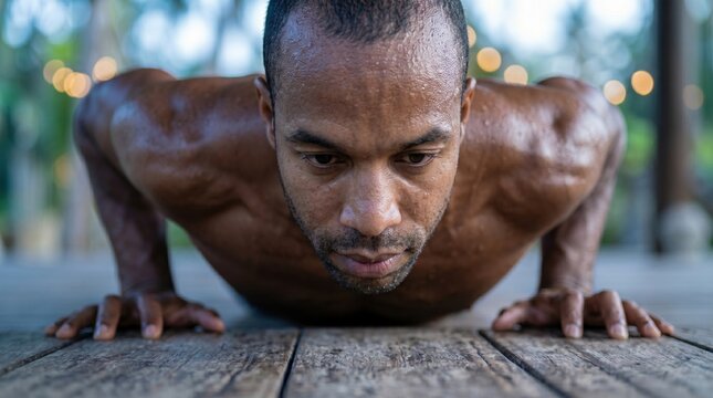 Athletic man performing pushups during a tropical getaway