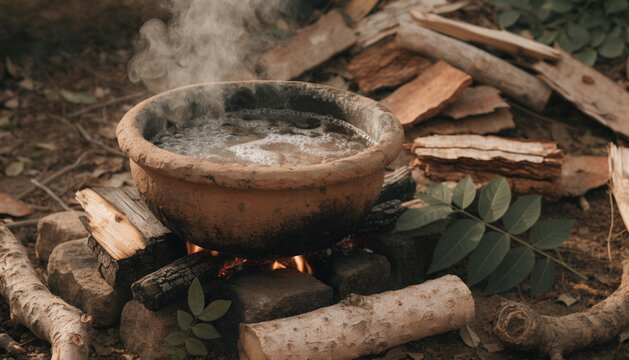 Traditional boiling clay pot with kashayam ayurvedic herbal decoction