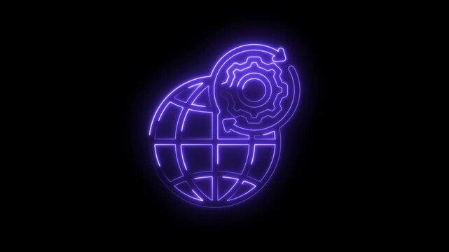 Neon glowing globe with rotating gear and circular arrow animation representing global icon