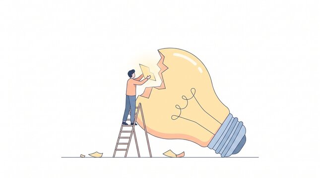 A person repairing a broken light bulb on a ladder represents innovation and problem solving