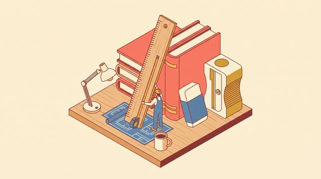 Isometric construction worker measuring blueprints with a ruler on a desk with books and stationery