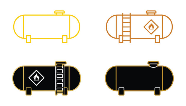 Propane gas tank vector icon set. Industrial fuel storage cylinders, flammable liquid reservoirs, safety ladders, hazard warning symbols and energy infrastructure elements.