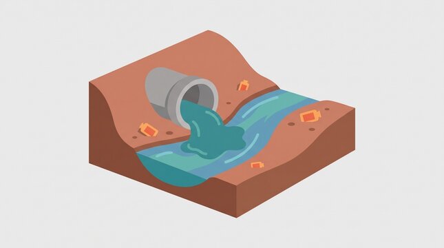 Industrial pipe discharging toxic chemical waste into a polluted river stream