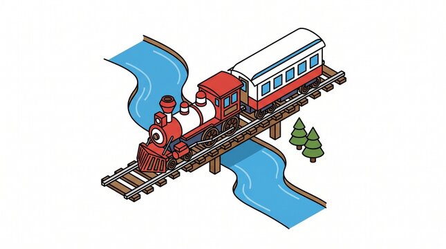 Isometric steam locomotive train crossing a wooden bridge over a blue river in a stylized landscape