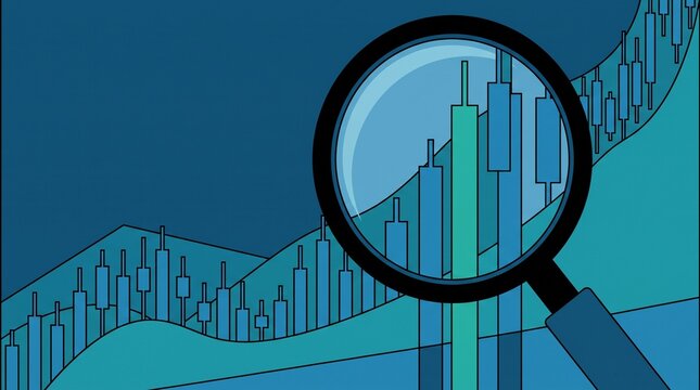 Magnifying glass examining financial candlestick chart trends for market analysis and investment strategy
