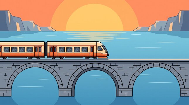 Modern passenger train traveling on a stone arch bridge across a calm lake at sunset
