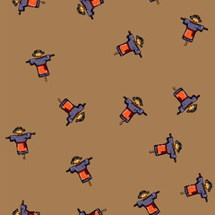 Fototapeta premium seamless pattern harvest scarecrow cartoon. scare pumpkin, november autumn, protection face harvest scarecrow sign vector