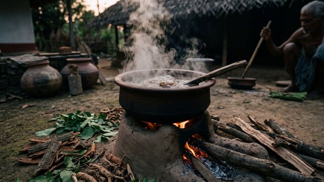 Traditional boiling clay pot with kashayam ayurvedic herbal decoction