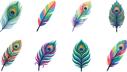 Abstract colorful feather vector set with vibrant artistic designs, rainbow gradients, and creative decorative elements for modern use © Joyanti