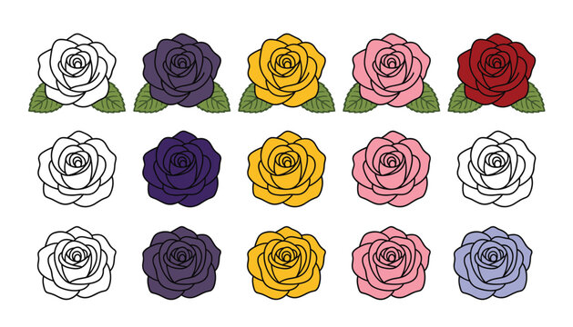 Rose flower blossom vector icon set. Colorful floral elements, romantic blooming buds, green leaves, outline patches, plant graphics and valentines day celebration decorations.