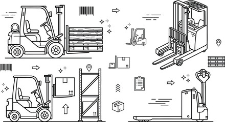Warehouse forklift line icons set featuring pallet jack lifting truck storage rack cardboard boxes barcode and clipboard symbols © MdShakib