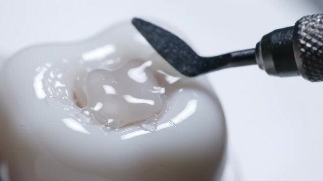 Dental professional applying blue etching gel on tooth model, closeup footage.