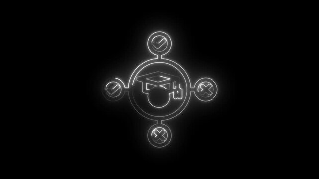 Graduation cap decision making process flowchart with checkmarks and crosses glowing neon icon