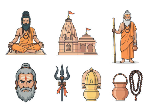 Indian sadhus and Hindu temple icons in flat design style