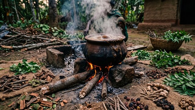 Traditional boiling clay pot with kashayam ayurvedic herbal decoction
