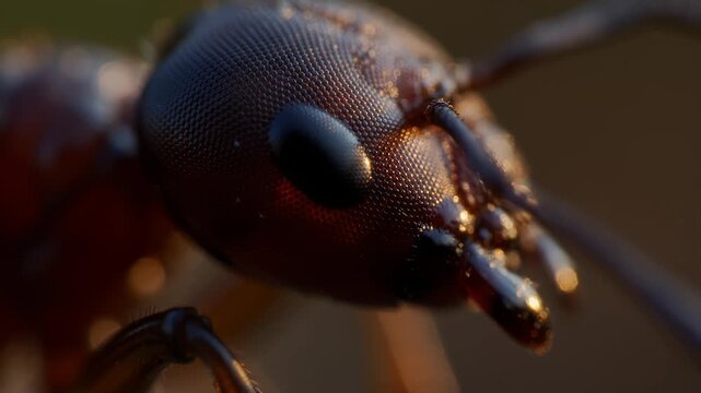 Extreme macro closeup of a red ant head showing intricate eye details, backlit by warm golden hour sunlight.