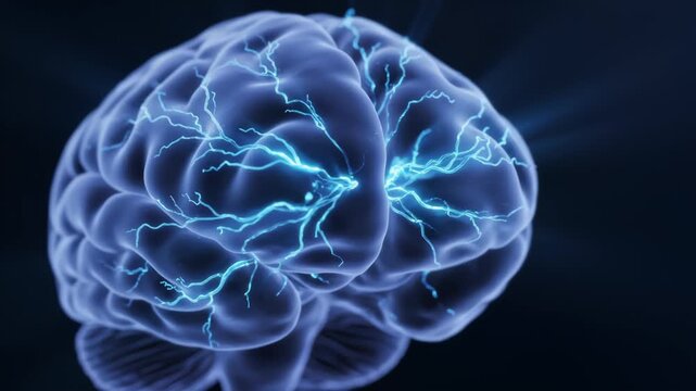 Glowing neural networks pulsing inside a human brain model, medical 3D animation. Digital representation of cognitive activity, memory processing, and intelligence in a dark science background.