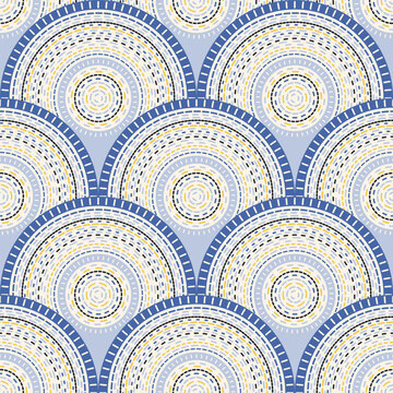 Blue dashed lines in scallop shapes, seamless vector pattern, abstract geometric background, boho ethno design with concentric semicircles and circles with dotted, dashed, and radiating details