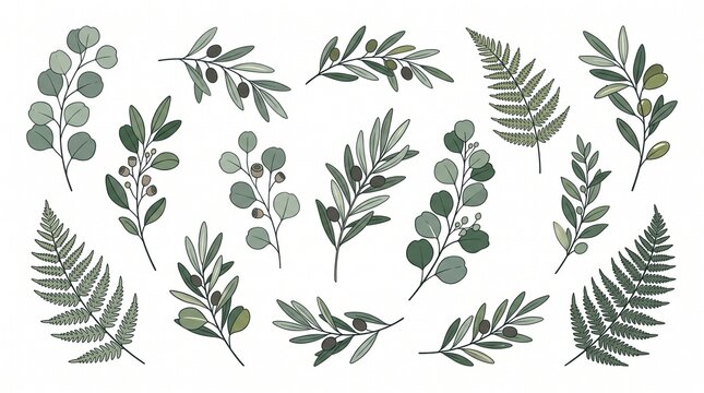 Hand drawn botanical elements vector set containing green olive branches eucalyptus leaves and ferns isolated on white background