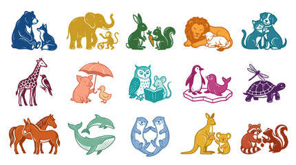 Fototapeta premium Cute cartoon animals family icon set, flat vector illustration