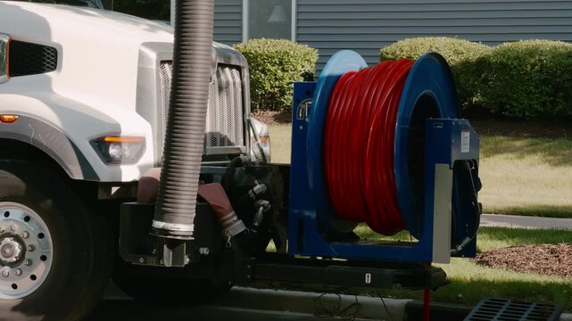 Element of Vacuum excavation truck performing underground utility work in a residential neighborhood. 