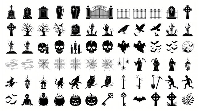 Spooky Halloween silhouette icon bundle vector collection featuring cemetery gravestones ghosts zombies skeletons pumpkins bats skulls haunted trees grim reaper witch and horror graphic elements set