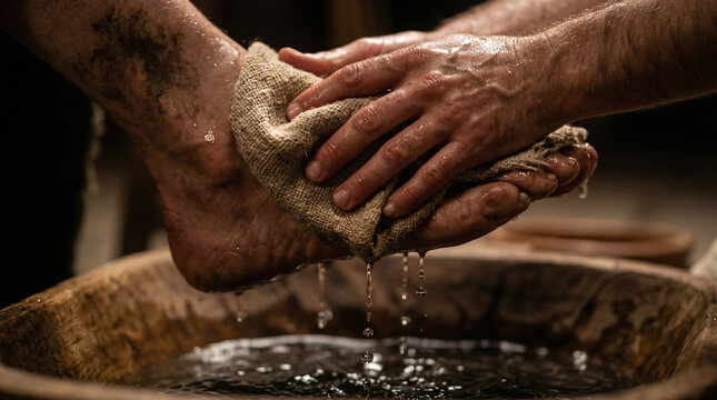 Jesus humbly washing the dusty feet of his disciples from a wooden basin before the Last Supper. Servant leadership concept