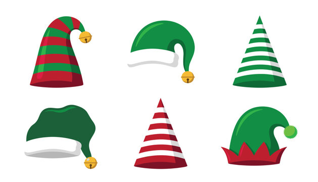 Christmas elf hat vector icon set. Cute holiday headwear, striped party caps, jingle bells, helper costume elements and celebration clothing accessories.
