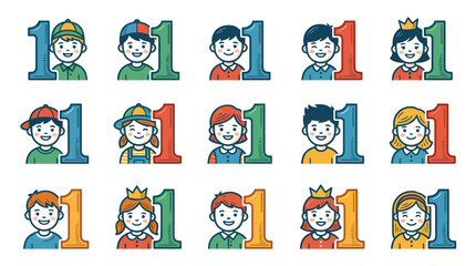 Fototapeta premium Diverse Kids Number One Flat Line Art Cartoon Avatars for First Year Milestones, Childhood and Education