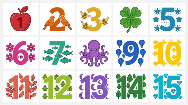 Educational Number Graphics: Cute Cartoon Animals, Objects, and Numbers 1-15