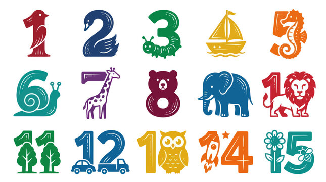 Cute Numbers 1-15 with Animals, Objects, and Vehicles, Flat Style