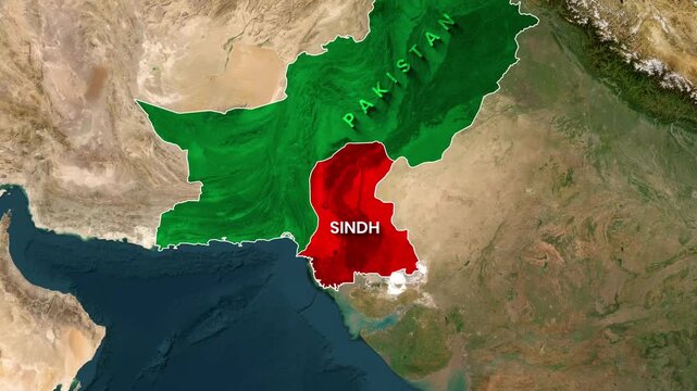 Satellite map animation showing Pakistan and highlighted sindh region motion