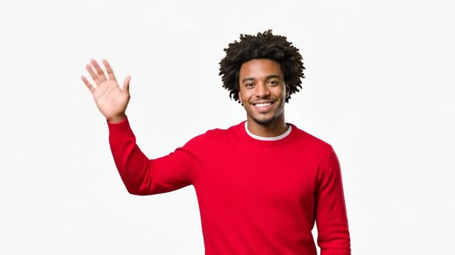 A smiling man with afro hair wearing a red sweater waving his hand at camera