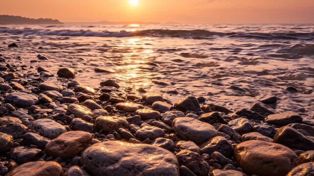 Golden hour sunset over rocky beach shoreline, calming ocean waves washing over stones in warm light. Scenic nature landscape shot with rippling sea water and pebble coast in peaceful evening.