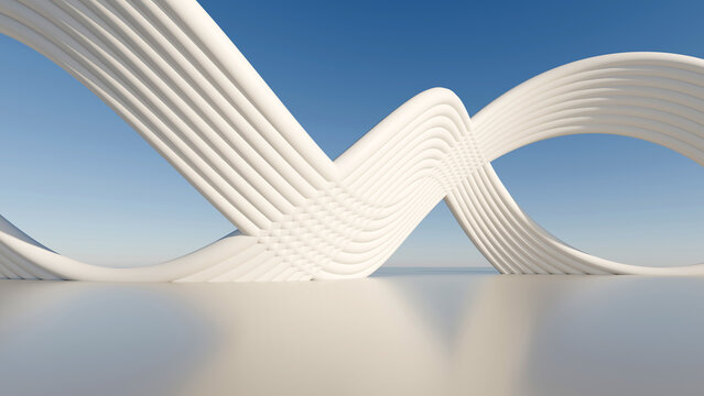 Abstract 3D render of futuristic white minimalist infinity wave architecture with clear blue sky