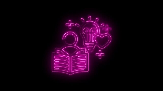 Neon pink glowing icon of person reading book with lightbulb heart and sparkles on black