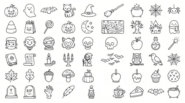Large collection of Halloween outline icons featuring spooky pumpkins ghosts bats skulls monsters and autumn elements vector set for coloring pages holiday decorations and graphic design projects