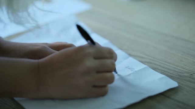 I write with a pen on white paper.