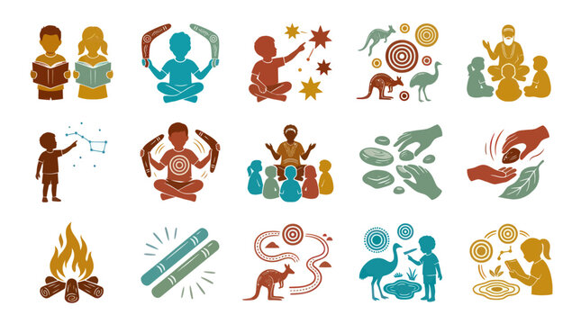 Aboriginal Culture and Education Icons: Indigenous Australian Heritage in Stylized Flat Design