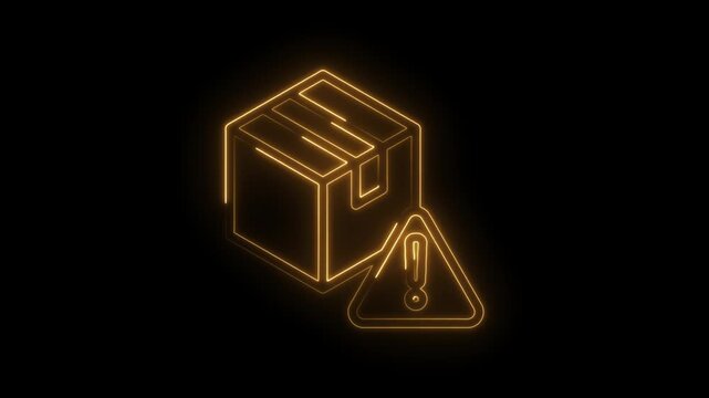Neon glowing isometric cardboard box with warning exclamation mark icon on black background