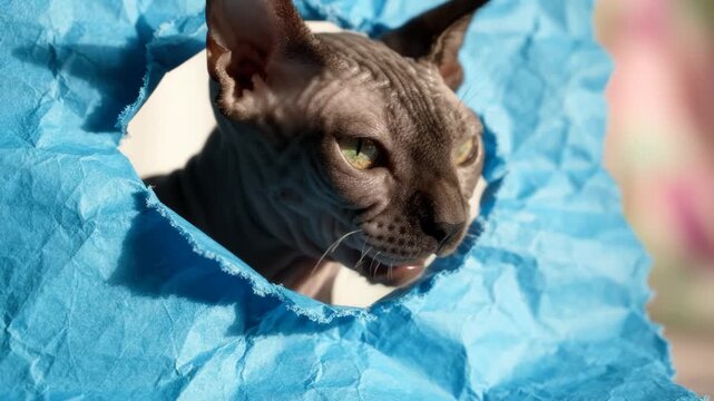 Sphynx cat peeking through a torn blue paper hole, capturing a funny and curious animal moment with soft morning light and high quality detail.