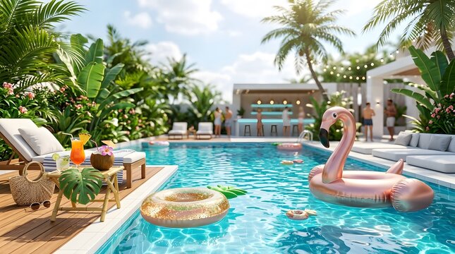 Luxury backyard pool party with tropical foliage and cocktail setup