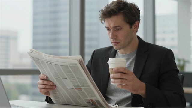 Man in suit reads newspaper while holding coffee cup at office desk.