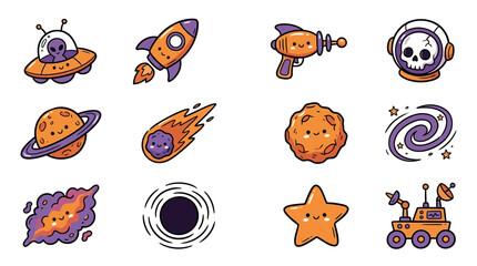 Cute Space Icons: Alien, Rocket, UFO, Planet, Asteroid, Star, Galaxy © EKA